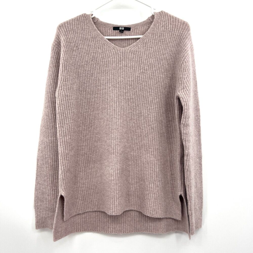 UNIQLO Womens S Mauve Pink Purple Ribbed V-Neck Sweater Wool Blend Long Sleeve